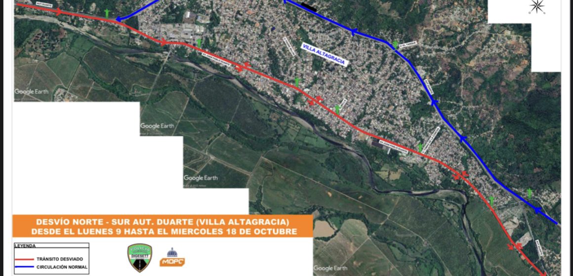 MOPC informa desvío del tránsito por el centro de Villa Altagracia entre el tramo autopista Duarte del kilómetro 39 al 45